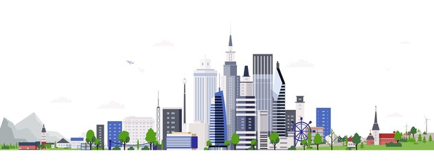 Fototapete - Horizontal landscape with modern tall buildings of downtown or business area. Cityscape with skyscrapers. City development, construction and architecture. Colorful vector illustration in flat style.
