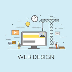 Flat mobile UI UX design web infographic concept vector. Crane creating interface on screen. User interface experience, usability, mockup, wireframe development concept.