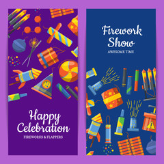 Canvas Print - Vector cartoon pyrotechnics vertical flyer templates for party, firework show or pyrotehcnics company. Illustration of firework show with rocket, card template and banner