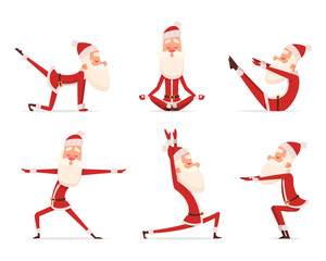 Santa yoga relax. Winter cute healthy christmas holiday santa claus outdoor doing sport yoga exercises vector characters. Claus yoga to christmas and new year illustration