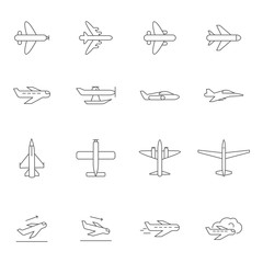Wall Mural - airplane outline icons. airline passenger aircraft symbols travelling vector monoline pictures isola