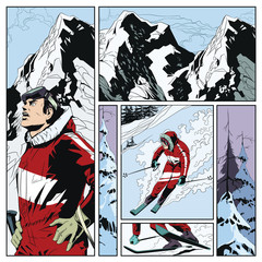 Wall Mural - Collage on theme skiing. Stock illustration.