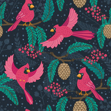 Whimsical Repeating Pattern. Christmas And Winter Theme. Red Cardinal Birds, Pinecones, Berries And Branches. Perfect For Textile, Wrapping, Print, Web And All Kinds Of Decorative Projects.