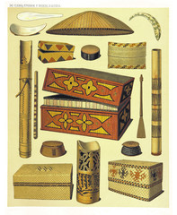 Wall Mural - Ancient detailed ethnic collection of african objects and boxes, coast of Dutch New Guinea, isolated elements. By F.S.A. De Clercq and J.D.E. Schmeltz Leiden 1893 New Guinea