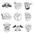 Set of adventure and outdoors flag emblems. Retro monochrome labels with light rays. Hand drawn wanderlust style. Pennant travel flags design. Logo templates