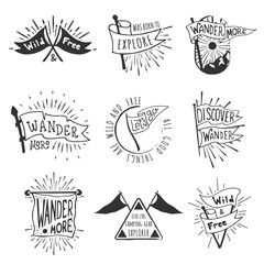 Wall Mural - Set of adventure and outdoors flag emblems. Retro monochrome labels with light rays. Hand drawn wanderlust style. Pennant travel flags design. Logo templates