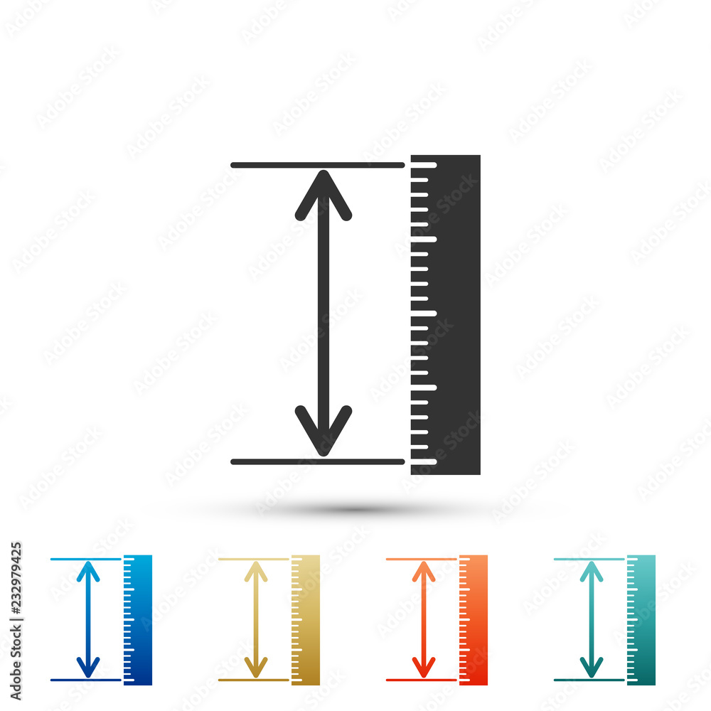 The measuring height and length icon isolated on white background. Ruler, straightedge, scale symbol. Geometrical instruments. Set elements in colored icons. Flat design. Vector Illustration - obrazy, fototapety, plakaty 