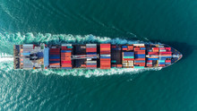 Aerial View Top Speed With Beautiful Wave Of Container Ship Full Load Container With Crane Loading Container For Logistics Import  Export Or Transportation Concept Background.