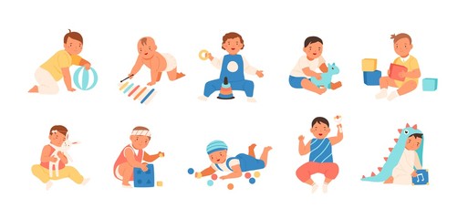 collection of happy adorable babies playing with various toys - building kit, ball, rattle. set of p