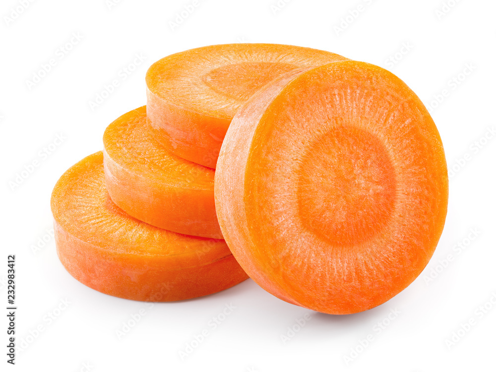 Carrot slices. Carrots. Perfectly retouched carrot slices isolated on white. Full depth of field. - obrazy, fototapety, plakaty 