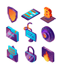 Wall Mural - Network protection 3d. Computer hacker web online lock fishing pages and viruses safety vector isometric illustrations. Illustration of security computer and safety isometric network