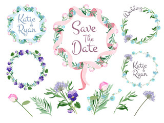 Wall Mural - floral branches frames. flowering wreath ribbons hearts cute vector set for design greeting invitati