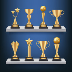 awards shelves. trophies medals and cups on bookshelf vector realistic concept of sport competition 