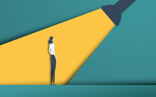 Business Recruitment And Talent Headhunting Vector Concept In Modern 3d Paper Cutout Style. Businesswoman In Spotlight. Symbol Of Hiring, Employee Search, Vacancy.