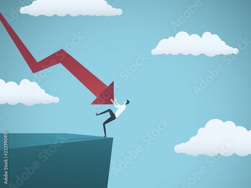 Fotografía Bankrupt businessman falling off a cliff, pushed by downward arrow