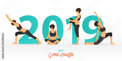 Happy New Year 2019 Banner With Yoga Poses Year Of Good Health