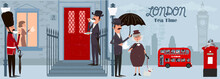 Cute Illustration Of London Street And Characters. 5 O'clock In London, Tea Time Card. Editable Vector Illustration