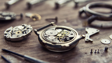 Watchmaker's workshop, watch repair, special tools for watch, background