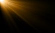 Golden light ray or sun beam vector background. Abstract gold light flash spotlight backdrop with golden sunlight shine on black background