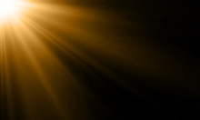 Light Ray Or Sun Beam Vector Background. Abstract Gold Light Sparkle Flash Spotlight Backdrop With Golden Sunlight Shine On Black Background