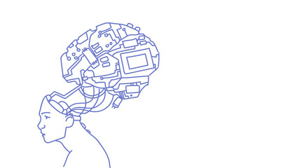 Human head with modern cyborg brain artificial