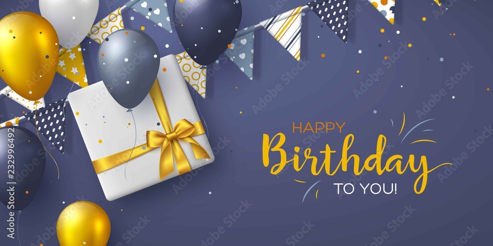 Happy Birthday holiday design for greeting cards. Bunting flags, balloons, confetti and gift box. Template for birthday celebration. Vector illustration. - obrazy, fototapety, plakaty 