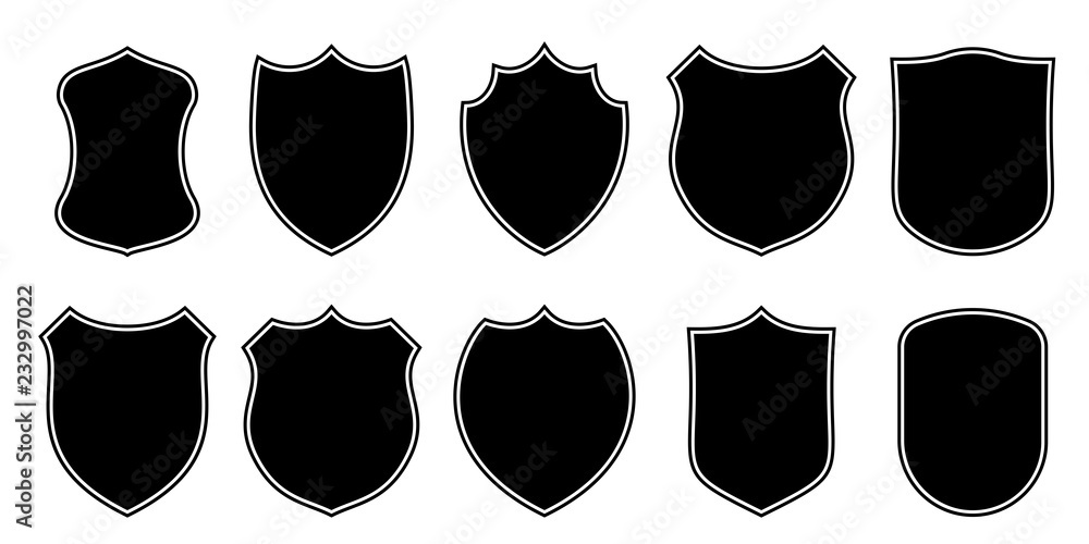 Badge patch shield shape vector heraldic icons. Football or soccer club or military police clothing badge patch blank black templates isolated set - obrazy, fototapety, plakaty 