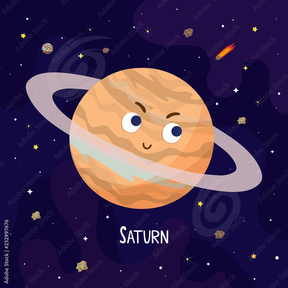 Cute cartoon Saturn planet character. Space vector illustration