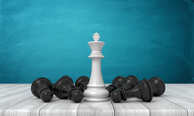 Wall Mural - 3d rendering of a white chess kind standing surrounded by several fallen black pawns on a wooden desk background.