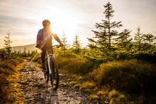 Cycling Woman Riding On Bike In Autumn Mountains Forest Landscape. Woman Cycling MTB Flow Trail Track. Outdoor Sport Activity.