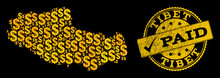 Golden Collage Of Dollar Mosaic Map Of Tibet And Paid Dirty Seal. Vector Seal With Grunge Rubber Texture And PAID Text. Mosaic Map Of Tibet Constructed With Golden Dollars On A Black Background.