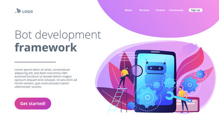 Developers with wrench work on chatbot application development. Chatbot app development, bot development framework, chatbot programming concept. Website vibrant violet landing web page template.