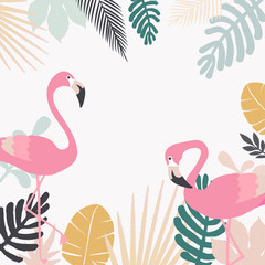 Wall Mural - Tropical jungle leaves background with flamingos. Colorful tropical poster design. Exotic leaves, plants and branches art print. Flamingo bird wallpaper, fabric, textile vector illustration design