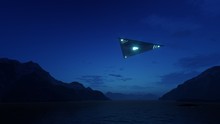 3D Triangular Ufo Hung In The Sky In The Evening