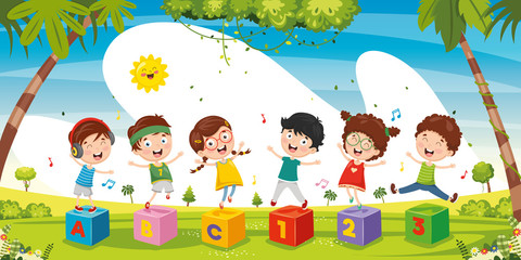 Vector Illustration Of Kids Playing Outside