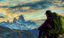 Hiker And Fitz Roy Mountain In Patagonia