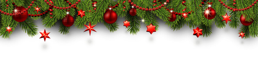 christmas and new year banner with fir branches and red christmas decorations.