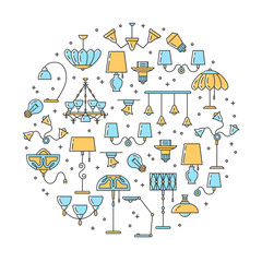 Wall Mural - Lighting line icons. Wall lamp, desk lamp, floor lamp, chandelier. Infographics circle composition, Vector flat illustration