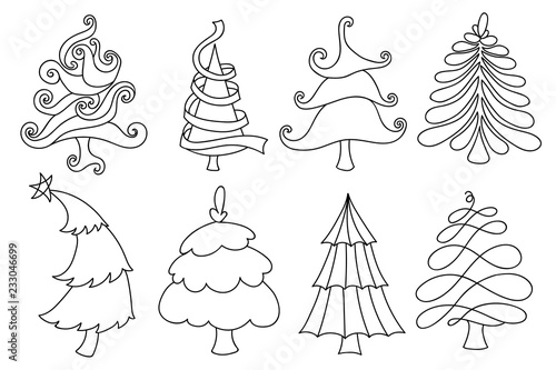 Set of doodle Christmas trees. Hand-drawn Christmas tree in various ...