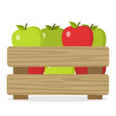 Wall Mural - regionale Äpfel in einer Holzkiste Flat Design isoliert auf weißem Hintergrund