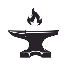 Vintage Anvil And Fire, Monochrome Icon, Blacksmith Tools. Vector Illustration, Isolated On White Background. Simple Shape For Design Logo, Emblem, Symbol, Sign, Badge, Label, Stamp.