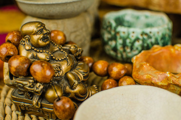 Chinese tea ceremony with Anchnag on wooden background