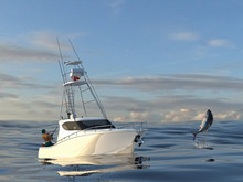 Distant View Of  Sport Fisherman In Big Game Fishing Boat Fighitng And Cathching A Tuna Fish 3d Render