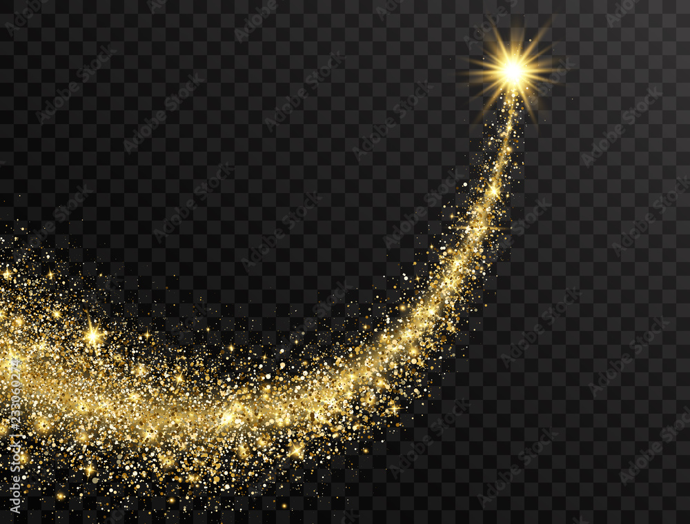 Star dust trail with glitter sparkling particles on transparent background. Gold glittering space comet tail. Cosmic wave. Golden shining star with dust tail. Festive backdrop. Vector illustration - obrazy, fototapety, plakaty 