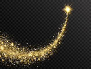 star dust trail with glitter sparkling particles on transparent background. gold glittering space co