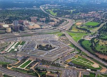 Aerial View Of The United States Pentagon, The Department Of Defense Headquarters In Arlington, Virginia, Near Washington DC, With I-395 Freeway And The Air Force Memorial And Arlington Cemetery Nearb