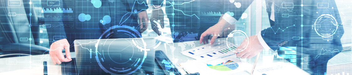 business digital interface with graphs, charts, icons and timeline on blurred background. website he