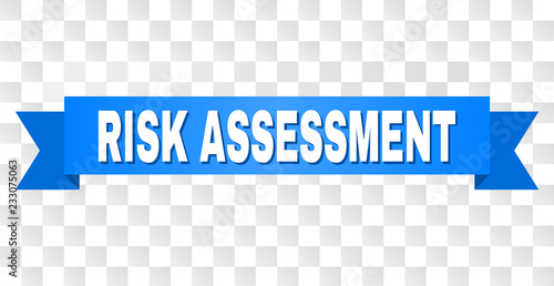 RISK ASSESSMENT text on a ribbon. Designed with white title and blue