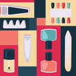 Tools for manicure vector illustration. Accessories and instruments for nails, toe separator, nail clippers, file, bottles with varnish, colorful design.