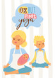 Young woman with baby and teenage son meditating and doing yoga, healthy motherhood concept for banners and posters. Text Ok, but first yoga.